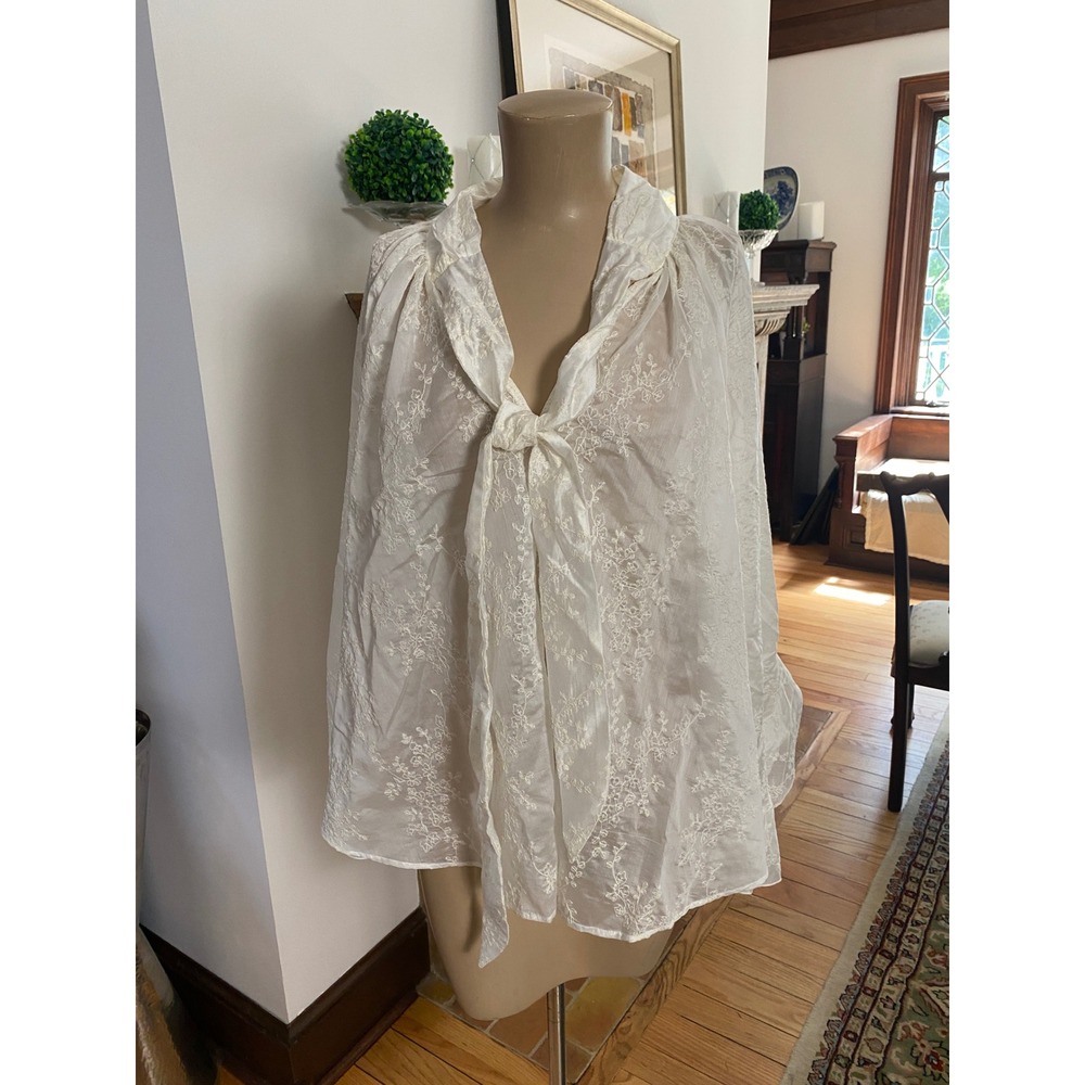 Calligraphie White Embroidered Tie Front Sheer Blouse M/L NWT